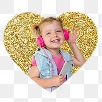 Png girl enjoying music badge sticker, gold glitter heart shape, transparent background