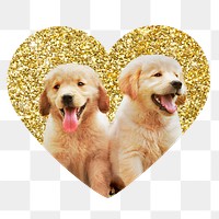 Png Golden retriever puppies badge sticker, gold glitter heart shape, transparent background