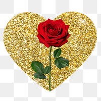 Red rose png badge sticker, gold glitter heart shape, transparent background