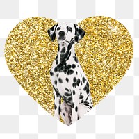 Dalmatian dog png badge sticker, gold glitter heart shape, transparent background