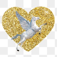 Pegasus png badge sticker, gold glitter heart shape, transparent background