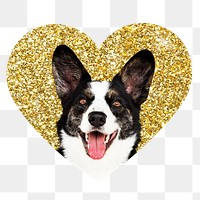 Png Welsh Corgi dog badge sticker, gold glitter heart shape, transparent background