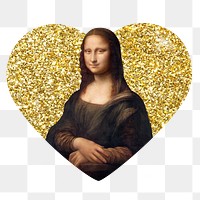 Mona Lisa png badge sticker, Vinci's famous painting, gold glitter heart shape, transparent background remixed by rawpixel