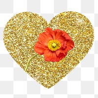 Poppy flower png badge sticker, gold glitter heart shape, transparent background