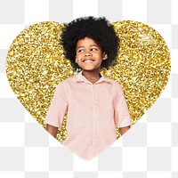 African kid png badge sticker, gold glitter heart shape, transparent background