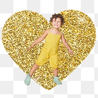 Little kid png badge sticker, gold glitter heart shape, transparent background