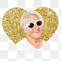 Png senior woman with sunglasses badge sticker, gold glitter heart shape, transparent background