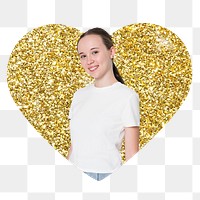 Teenage woman png badge sticker, gold glitter heart shape, transparent background