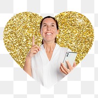 Png woman holding phone badge sticker, gold glitter heart shape, transparent background