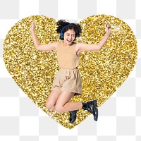 Happy woman png badge sticker, gold glitter heart shape, transparent background