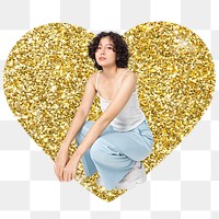 Woman sitting png badge sticker, gold glitter heart shape, transparent background