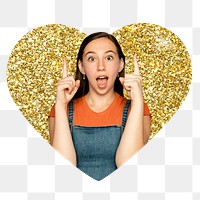 Png young woman pointing up badge sticker, gold glitter heart shape, transparent background