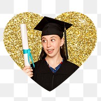 Graduate woman png badge sticker, gold glitter heart shape, transparent background