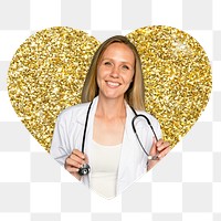 Female doctor png badge sticker, gold glitter heart shape, transparent background