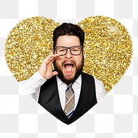 Businessman screaming png badge sticker, gold glitter heart shape, transparent background