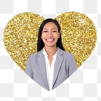 Smiling businesswoman png badge sticker, gold glitter heart shape, transparent background