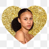 Young woman png badge sticker, gold glitter heart shape, transparent background