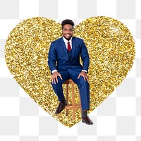 Confident businessman png badge sticker, gold glitter heart shape, transparent background