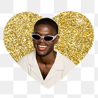 Png African man with shades badge sticker, gold glitter heart shape, transparent background