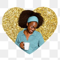 Png woman drinking coffee badge sticker, gold glitter heart shape, transparent background