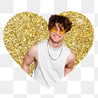 Funky man png badge sticker, gold glitter heart shape, transparent background