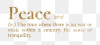 Peace png dictionary word sticker, gold font, transparent background