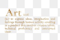 Art png dictionary word sticker, gold font, transparent background