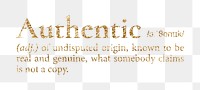 Authentic png dictionary word sticker, gold font, transparent background