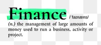 Finance png dictionary word sticker, highlighted design, transparent background