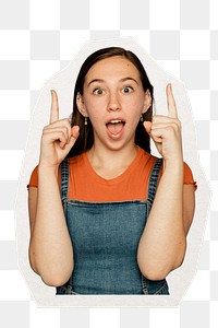 PNG woman pointing up sticker, transparent background