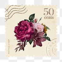 Png postage stamp sticker rose, vintage illustration transparent background