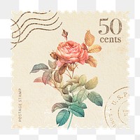 Png postage stamp sticker vintage rose, Redouté, transparent background, remixed by rawpixel