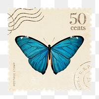 Png butterfly postage stamp sticker, hand drawn design, transparent background