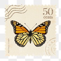 Png butterfly postage stamp sticker, hand drawn design, transparent background
