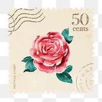 Watercolour rose png postage stamp sticker, bullet journal, transparent background