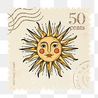 Png postage stamp scrapbook sticker, Sun face, transparent background