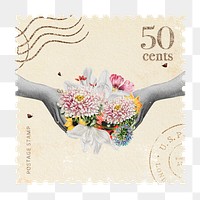 Postage stamp png sticker, flower blooming collage art, transparent background