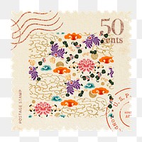 Png postage stamp vintage sticker, traditional Chinese flower pattern, transparent background