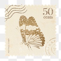 Glitter png postage stamp sticker, butterfly, transparent background