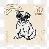 Pug png postage stamp sticker, hand drawn, transparent background