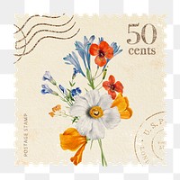 Floral png postage stamp sticker, flower bouquet illustration, transparent background
