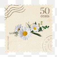 Png postage stamp sticker daisy illustration, transparent background