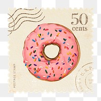 Png vintage postage stamp sticker, donut, transparent background