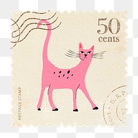 Cat png post stamp sticker, colourful illustration, transparent background