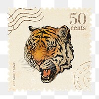 Png tiger postage stamp sticker, vintage painting, transparent background