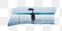 Png businessman standing on beach tape sticker, transparent background