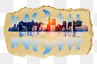 Business people png city silhouette ripped paper sticker on transparent background