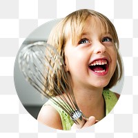 Little girl png holding whisk badge sticker, children's education photo, transparent background