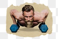 Man png doing push-up sticker, ripped paper, transparent background