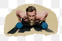 Man png doing push-up sticker, ripped paper, transparent background